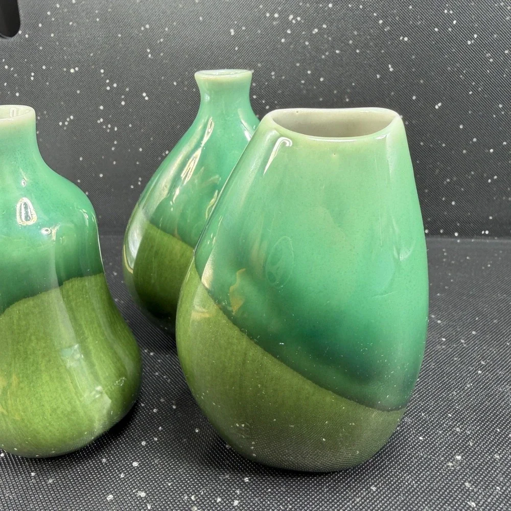 IKEA 3 Piece Bud Vase Set Green Two Tone Glazed Ceramic Organic Shape 4.5 Inch